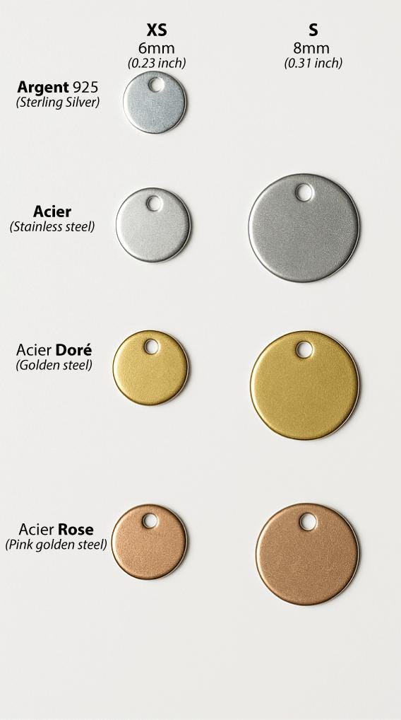 Médailles gravure laser, en acier, acier doré, acier rose doré et argent. 6mm, 8mm. Ethchic