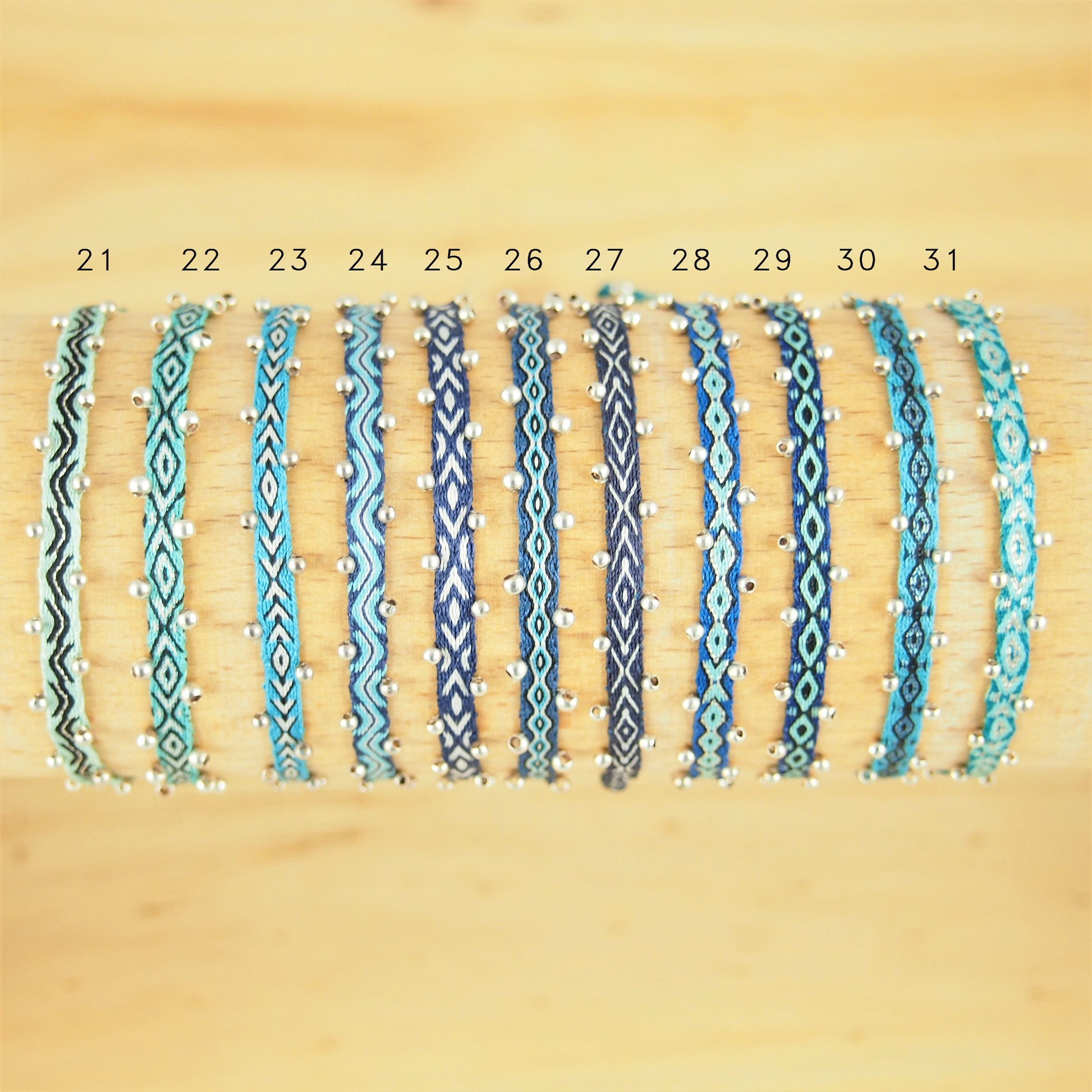 Bracelets tissés main, bleus avec perles en argent 925  Ethchic