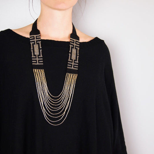 Collier perles bijoux ethnique collier sautoir collier noir doré vert gros collier collier soirée sautoir années 20 collier femme